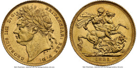 George IV gold Sovereign 1821 AU58 NGC, KM682, S-3800. On the cusp of a Mint State assignment and capped the most trivial of rub to George's cheek, do...