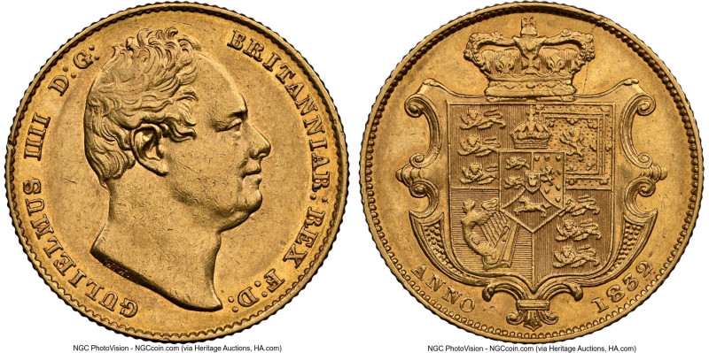 William IV gold Sovereign 1832 AU58 NGC, KM717, S-3829B. Nose to second "I" vari...