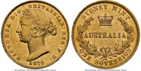 Victoria gold Sovereign 1870-SYDNEY AU58 NGC, Sydney mint, KM4, Marsh-A375. A popular Australian type boasting an attractive portrait of Victoria at t...