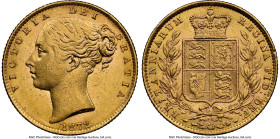 Victoria gold "Shield" Sovereign 1872 AU58 NGC, KM736.2, S-3853B. Die #75. Very nearly Mint State and cascading with residual brilliance. HID098012420...