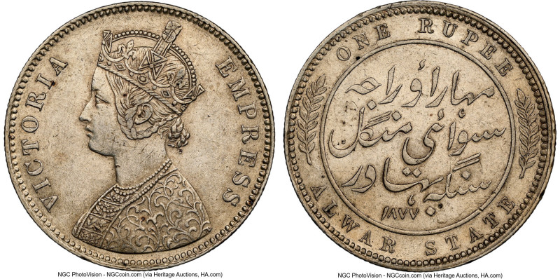 Alwar. Mangal Singh Rupee 1877 AU58 NGC, KM45. Mangal Singh, under Victoria as E...