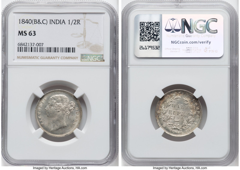 British India. Victoria 1/2 Rupee 1840-(b&c) MS63 NGC, Bombay or Calcutta mints,...