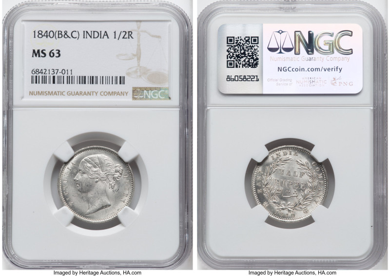 British India. Victoria 1/2 Rupee 1840-(b&c) MS63 NGC, Bombay & Calcutta mints, ...