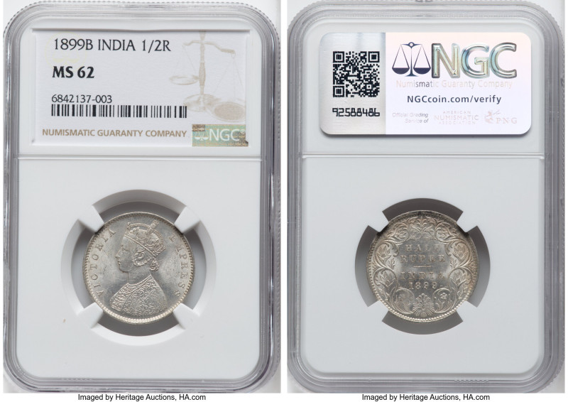 British India. Victoria 1/2 Rupee 1899-B MS62 NGC, Bombay mint, KM491, S&W-6.242...