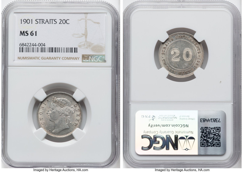 British Colony. Victoria 20 Cents 1901 MS61 NGC, KM12. A most appreciable exampl...