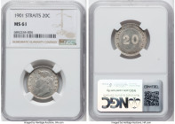 British Colony. Victoria 20 Cents 1901 MS61 NGC, KM12. A most appreciable example of the type, confidently Mint State and glistening with luster. HID0...