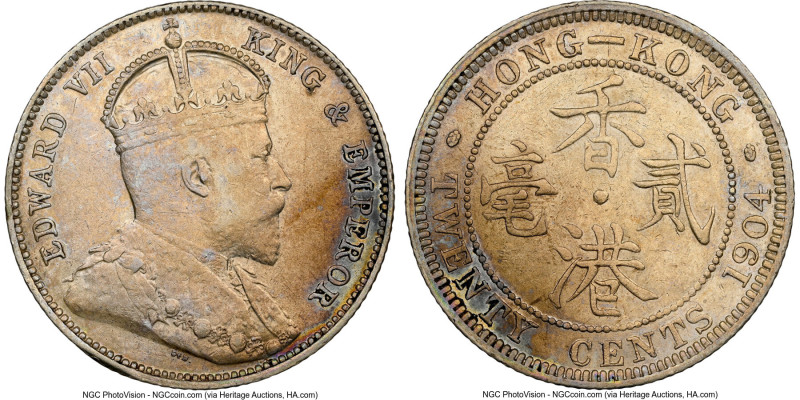 British Colony. Edward VII 20 Cents 1904 AU53 NGC, KM14, Prid-52. Elusive when a...