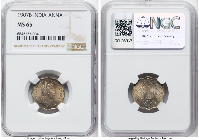 British India. Edward VII Anna 1907-B MS65 NGC, Bombay mint, KM504, S&W-7.144. A...