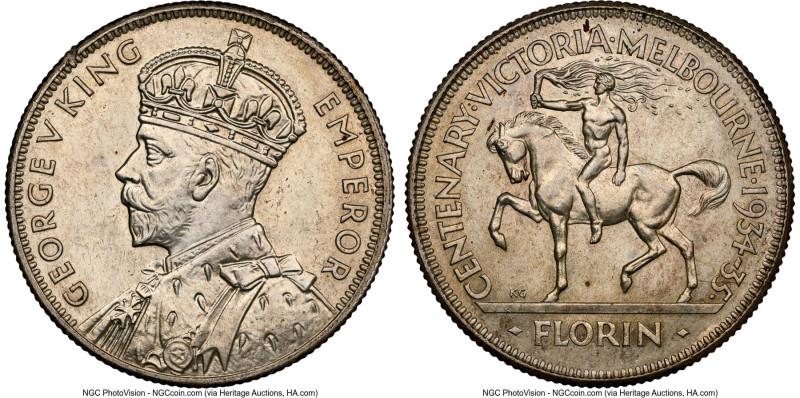 George V "Victoria & Melbourne" Florin 1934-1935 MS63 NGC, Melbourne mint, KM33....
