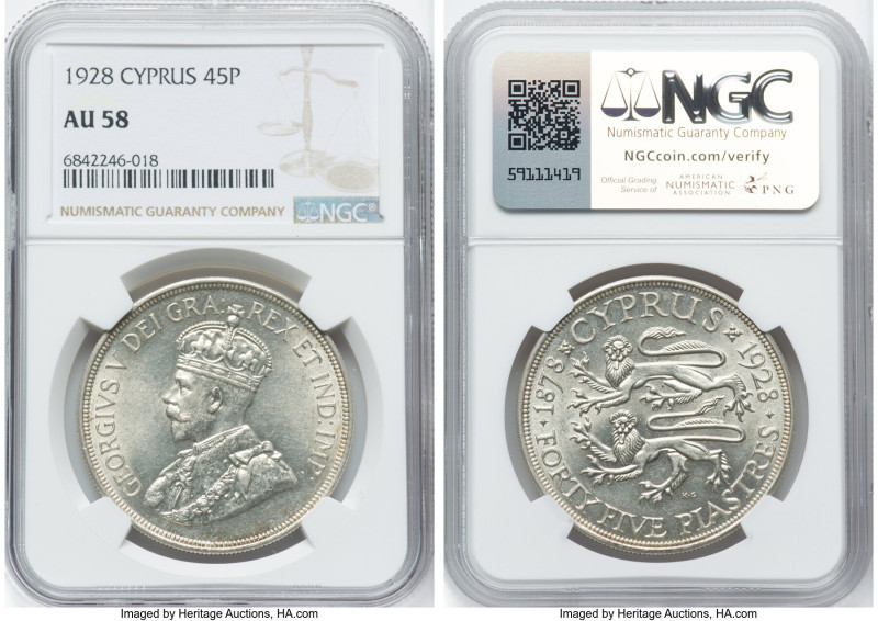 British Colony. George V 45 Piastres 1928 AU58 NGC, London mint, KM19. Commemora...