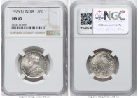 British India. George V 1/2 Rupee 1925-(b) MS65 NGC, Bombay mint, KM522, S&W-8.107. Ranked at the very peak of both conditional censuses, with none st...