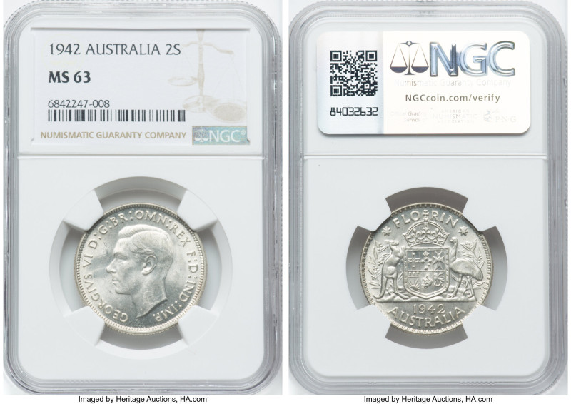 George VI Pair of Certified Assorted Florins NGC, 1) Florin 1942-(m) MS63, KM40 ...