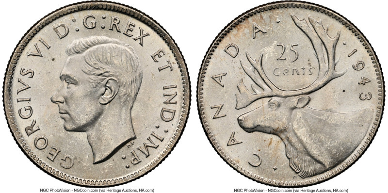 George VI Pair of Certified 25 Cents NGC, 1) 25 Cents 1943 MS63, KM35 2) 25 Cent...