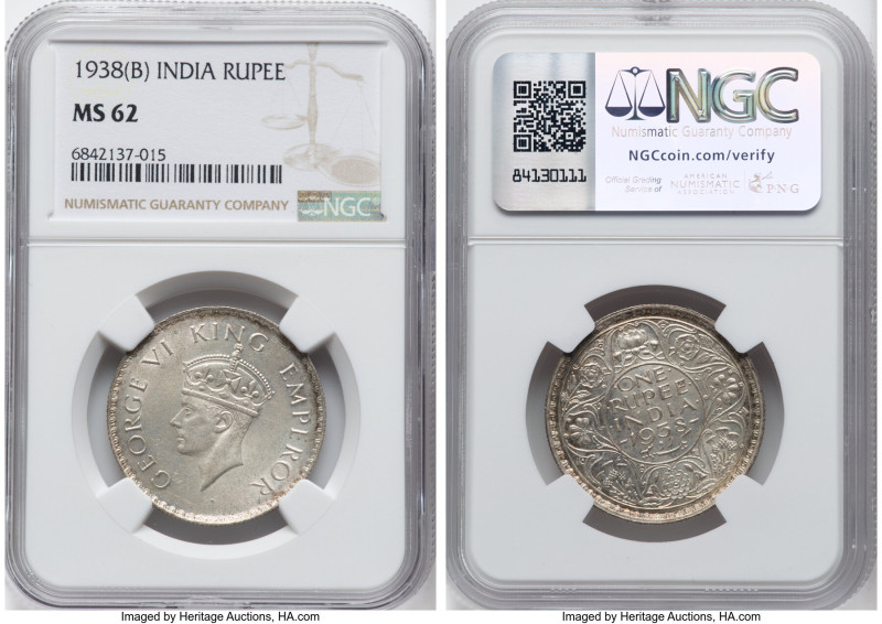 British India. George VI Rupee 1938-(b) MS62 NGC, Bombay mint, KM555, S&W-9.9. I...