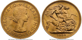 Elizabeth II gold Sovereign 1958 MS65+ NGC, KM908, S-4125. A high-quality example hosting booming luster that haloes around the raised designs. HID098...