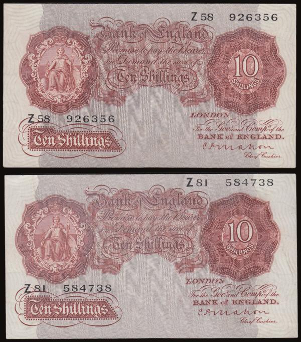 Ten Shillings Mahon B210 1928 (2) Z58 and Z81 prefixes both EF or near so