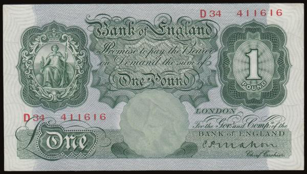 One Pound Mahon B212 issued 1928 series D34 411616, pleasing AU