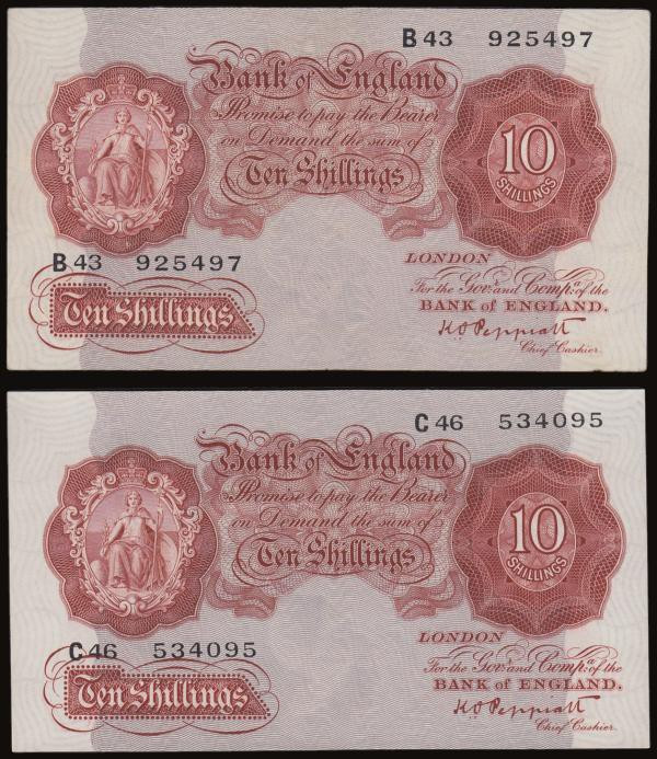 Ten Shillings Peppiatt B235 issued 1934 (2) prefixes C46, B43 AU-Unc