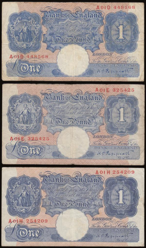 One Pound Peppiatt 1940 Emergency Blue Issue B249 (3) all first run A01D 448568,...