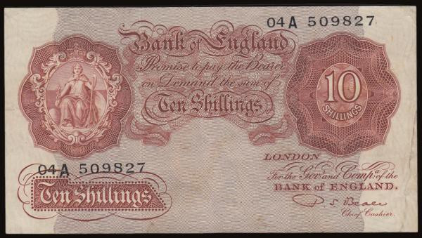 Ten Shillings Beale B267 issued 1950 very first run replacement 04A 509827, VF w...