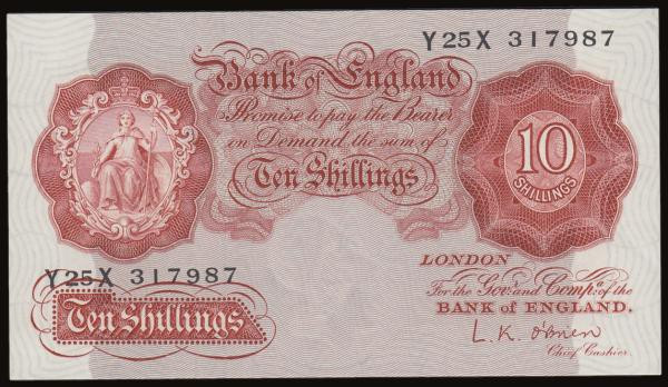 Ten Shillings O'Brien B271, a very scarce last run series Y25X 317987, Pick368c,...