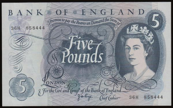 Five Pounds Page B324 issued 1971 last series 36H 858444 Unc and seldom offered