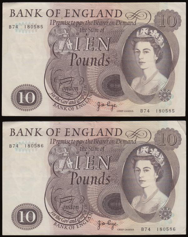 Ten Pounds Page B326 issued 1971 2 consecutives B74 180585 and 586 EF-AU