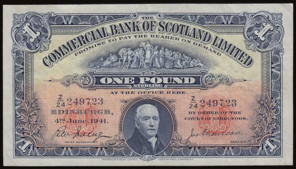 Scotland Commercial Bank 1 Pound dated 4th June 1941 prefix Z/24, pleasant VF