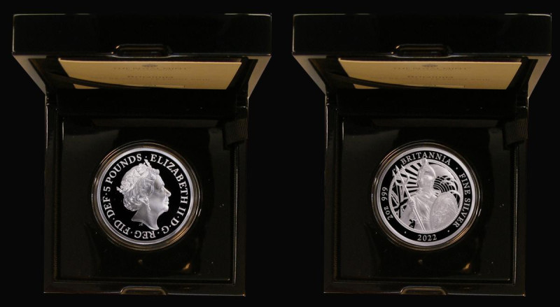 Five Pounds Britannia 2022 2 ounce .999 Silver Proof FDC in the Royal Mint case ...