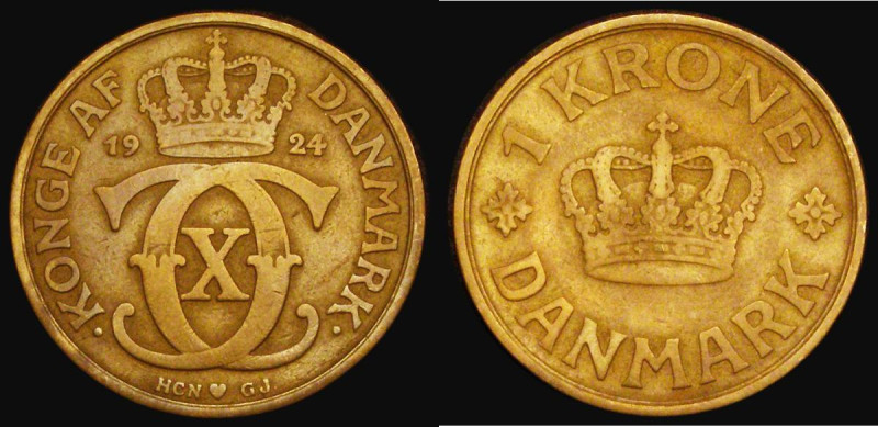 Denmark One Krone 1924 Aluminium-Bronze KM#824.1 Fine, the key date in the serie...