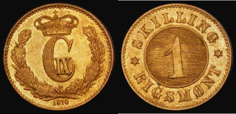 Denmark Skilling Rigsmont 1870 KM#774 GEF with a small spot on the reverse