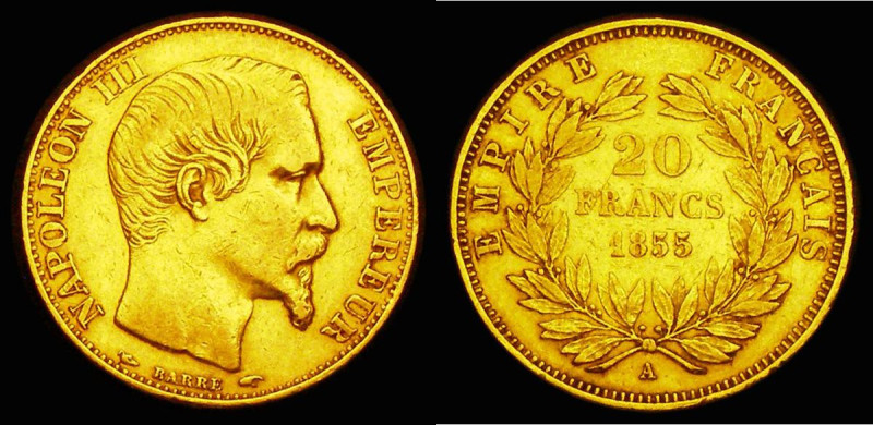 France 20 Francs Gold 1855A (d) Paris Mint, Privy Mark Dog's Head KM#781.1 VF