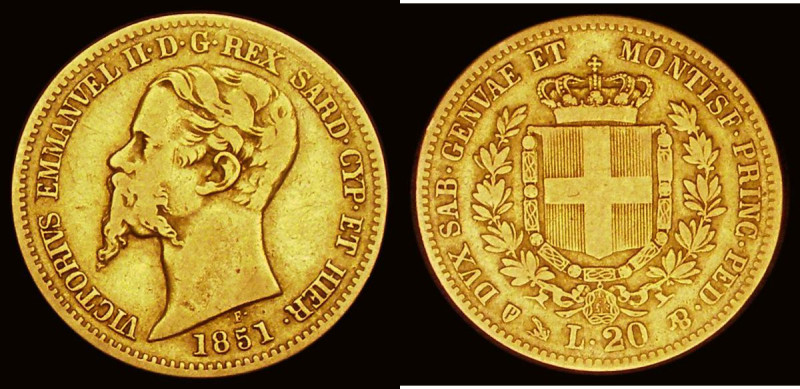 Italian States - Sardinia Gold 20 Lire 1851 F//P Mintmark Anchor, Genoa Mint, KM...