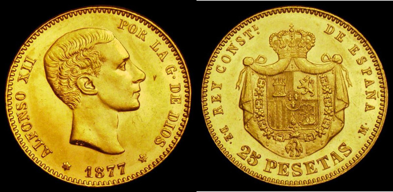 Spain 25 Pesetas Gold 1877 (Year 77) KM#673 A/UNC and lustrous