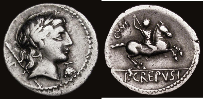 Roman Republic Denarius Pub Crepusius (82BC) Obverse: Laureate head of Apollo ri...