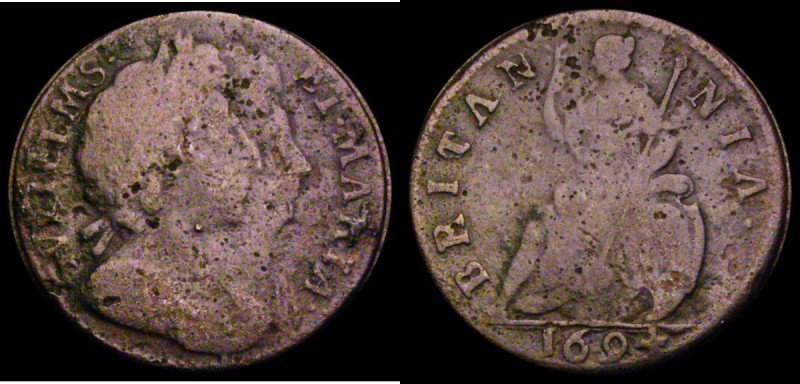 Farthing 1694 GVLIELMS error, with BRITΛNNIΛ (unbarred A's), double exergue line...