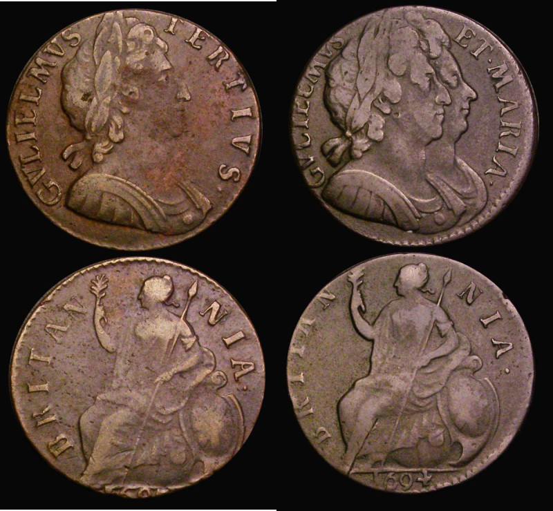 Halfpennies (2) 1694 Peck 602 Near Fine, 1697 Peck 647 Fine with some porosity, ...