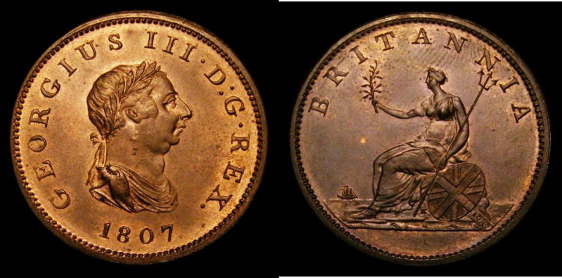 Halfpenny 1807 Peck 1378 UNC with traces of lustre, in an LCGS holder and graded...