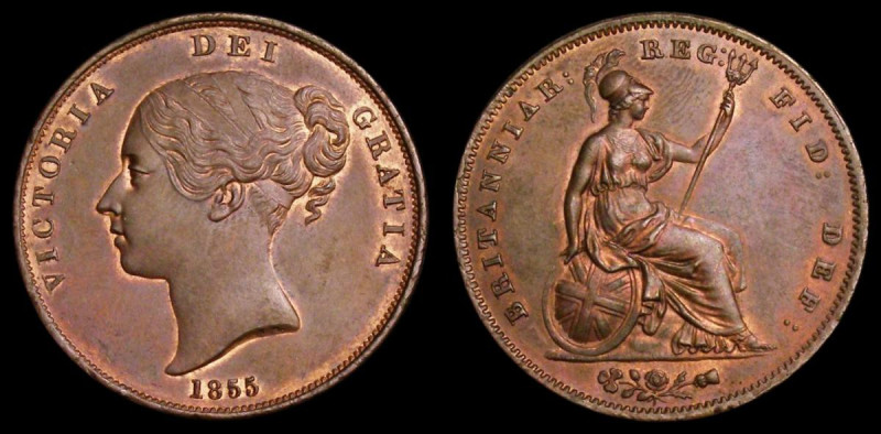 Penny 1855 Ornamental Trident, Peck 1508 UNC with traces of lustre, in an LCGS h...