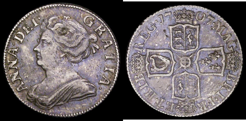 Shilling 1707 Third Bust, Plain in angles, ESC 1141, Bull 1395, GVF VF with some...