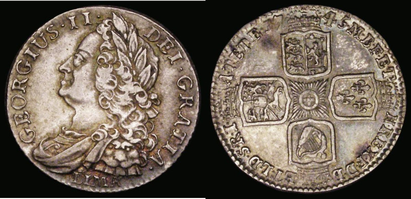 Shilling 1745 LIMA ESC 1205, Bull 1724 strong VF with touches of underlying colo...