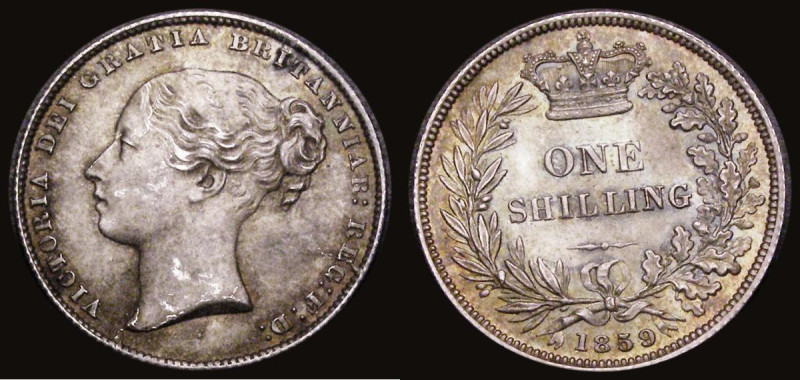 Shilling 1859 ESC 1307, Bull 3015, Davies 879 dies 4A, UNC or very near so, the ...