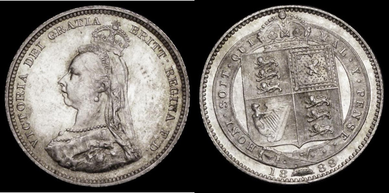 Shilling 1888 8 over 7 ESC 1353, Bull 3140, UNC or near so and lustrous, the obv...