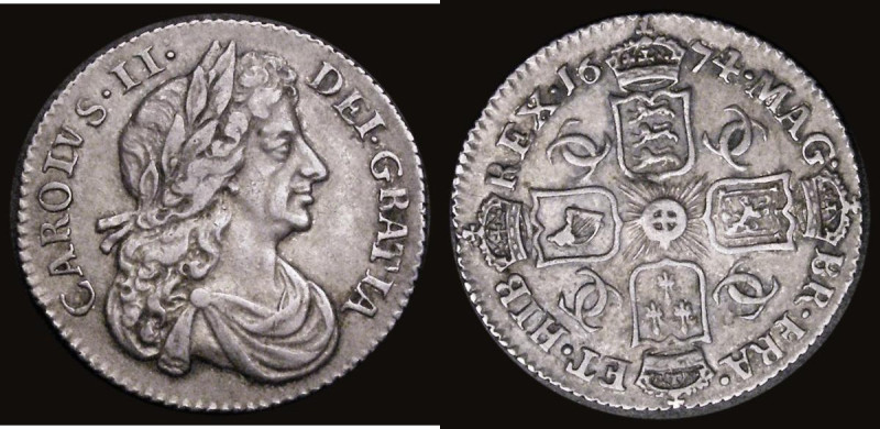 Sixpence 1674 ESC 1512, Bull 566 VF with hints of attractive tone