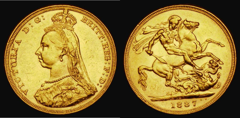 Sovereign 1887M Jubilee Head, First Legend, Hooked J in J.E.B., Small Spread J.E...