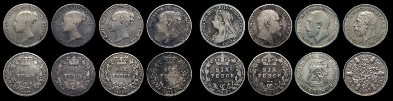 Sixpences (8) 1845 ESC 1691, Bull 3179 VG, 1864 Plain 4,ESC 1713, Bull 3211, Dav...