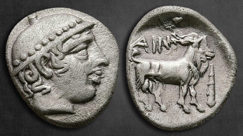 Thrace. Ainos circa 435-405 BC. 
Diobol AR

12 mm, 1,22 g

Head of Hermes t...