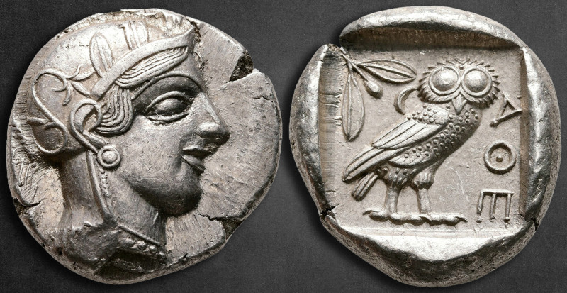 Attica. Athens circa 454-404 BC. 
Tetradrachm AR

26 mm, 17,19 g

Head of A...