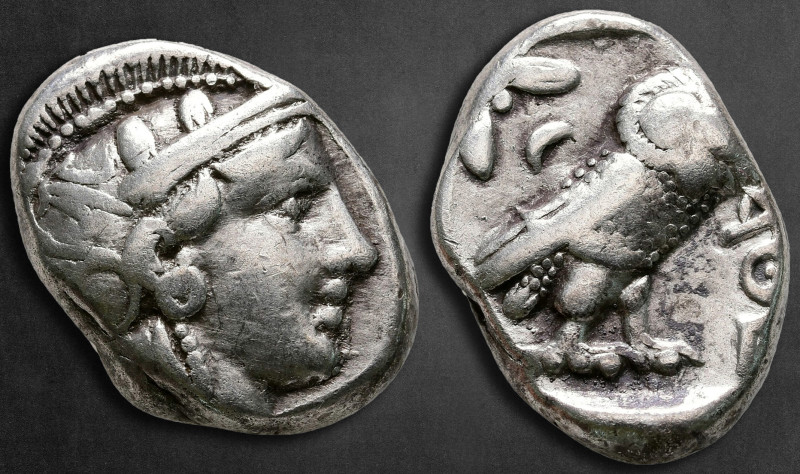 Attica. Athens circa 350-294 BC. 
Tetradrachm AR

25 mm, 16,94 g

Head of A...