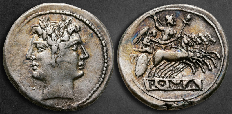 Anonymous 225-214 BC. Rome
Didrachm AR

23 mm, 6,53 g

Laureate head of Jan...